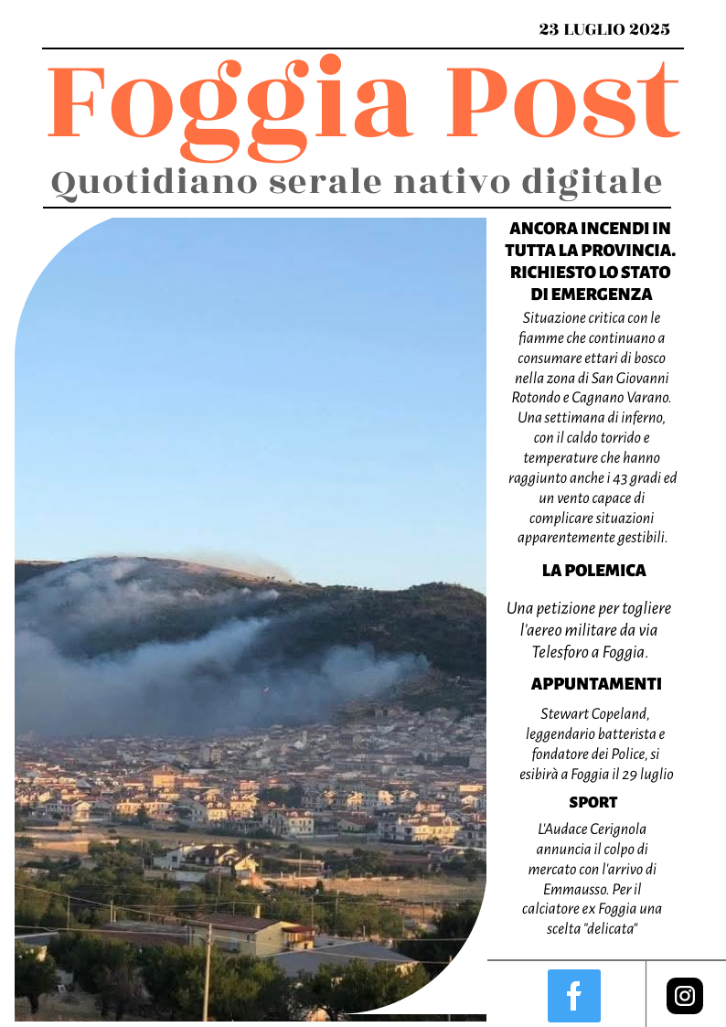 Foggia Post23 luglio 2025. Sfoglia gratuitamente il giornale