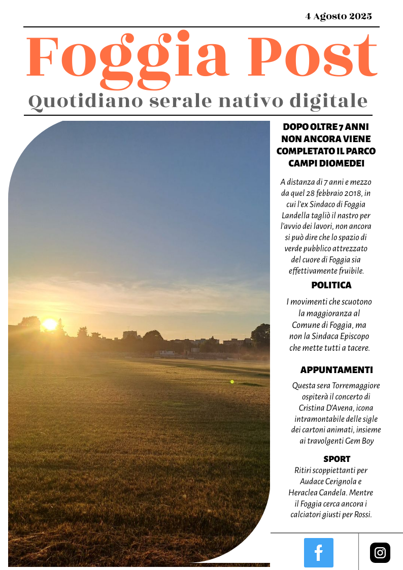 Foggia Post 4 agosto 2025. Sfoglia gratuitamente il giornale