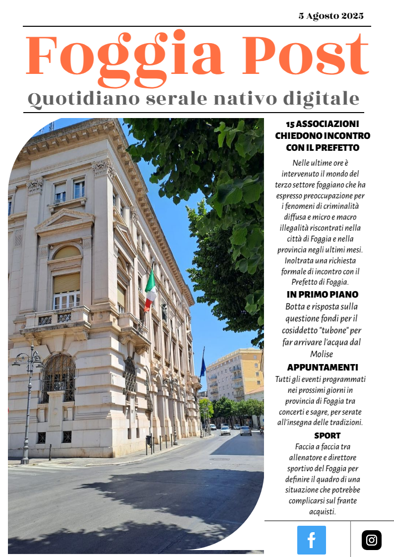 Foggia Post 5 agosto 2025. Sfoglia gratuitamente il giornale