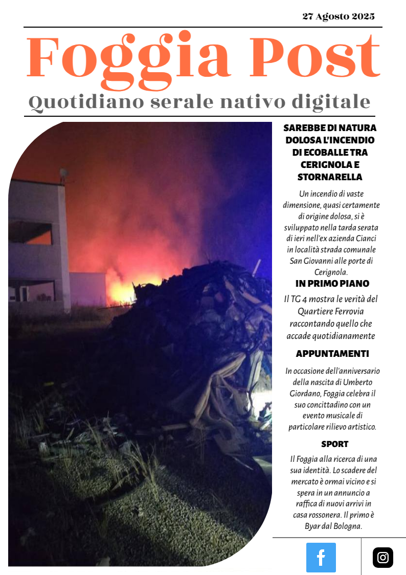 Foggia Post 27 agosto 2025. Sfoglia gratuitamente il giornale