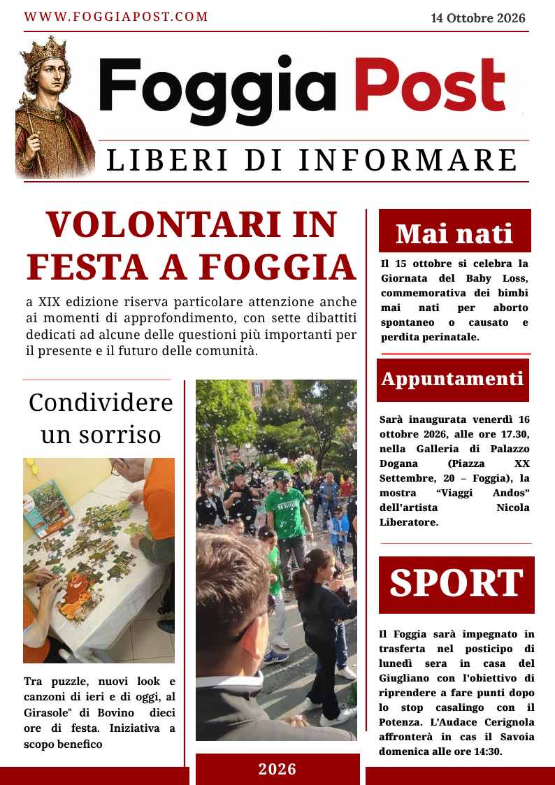 Foggia Post 14 ottobre 2026. Volontari in festa a Foggia