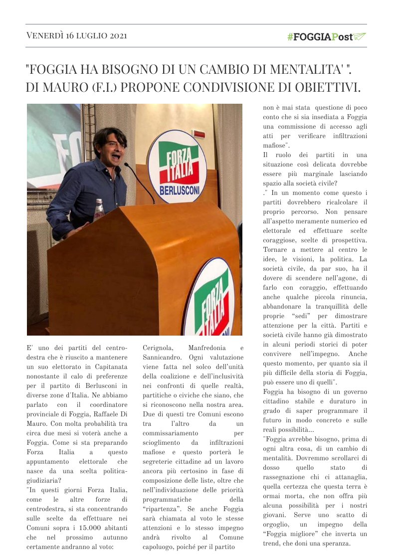 Di Mauro rilancia Forza Italia e propone obiettivi comuni da raggiungere per il bene di Foggia.