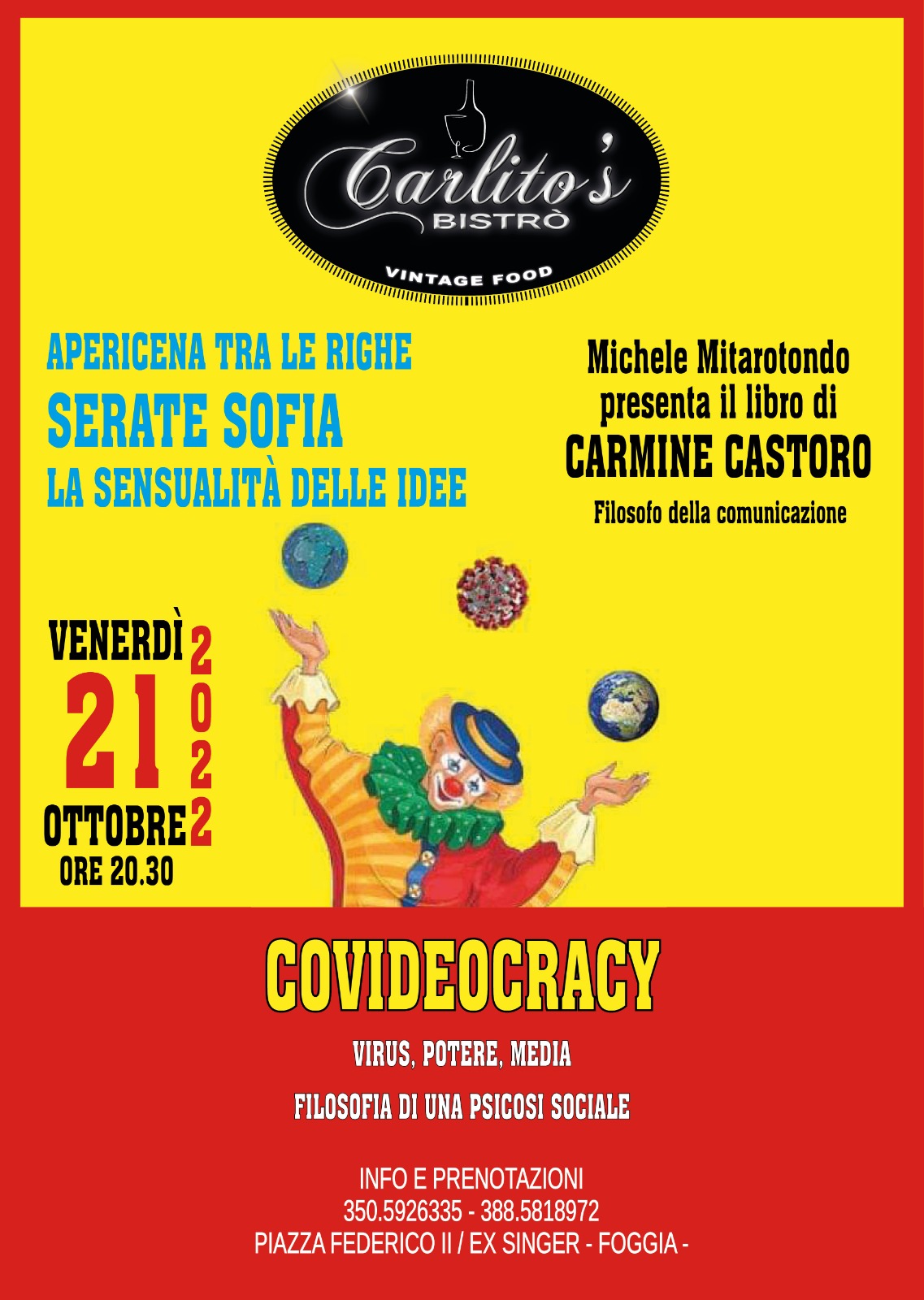 Presentazione del libro Covideocracy venerdì 21 ottobre al Carlito’s di Foggia
