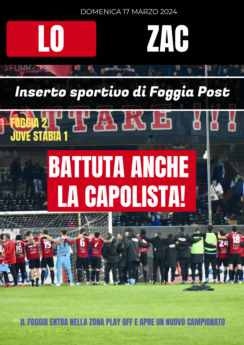 Lo Zac 17 marzo 2024. Foggia 2-1 Juve Stabia. Battuta la capolista. Rossoneri nei play off