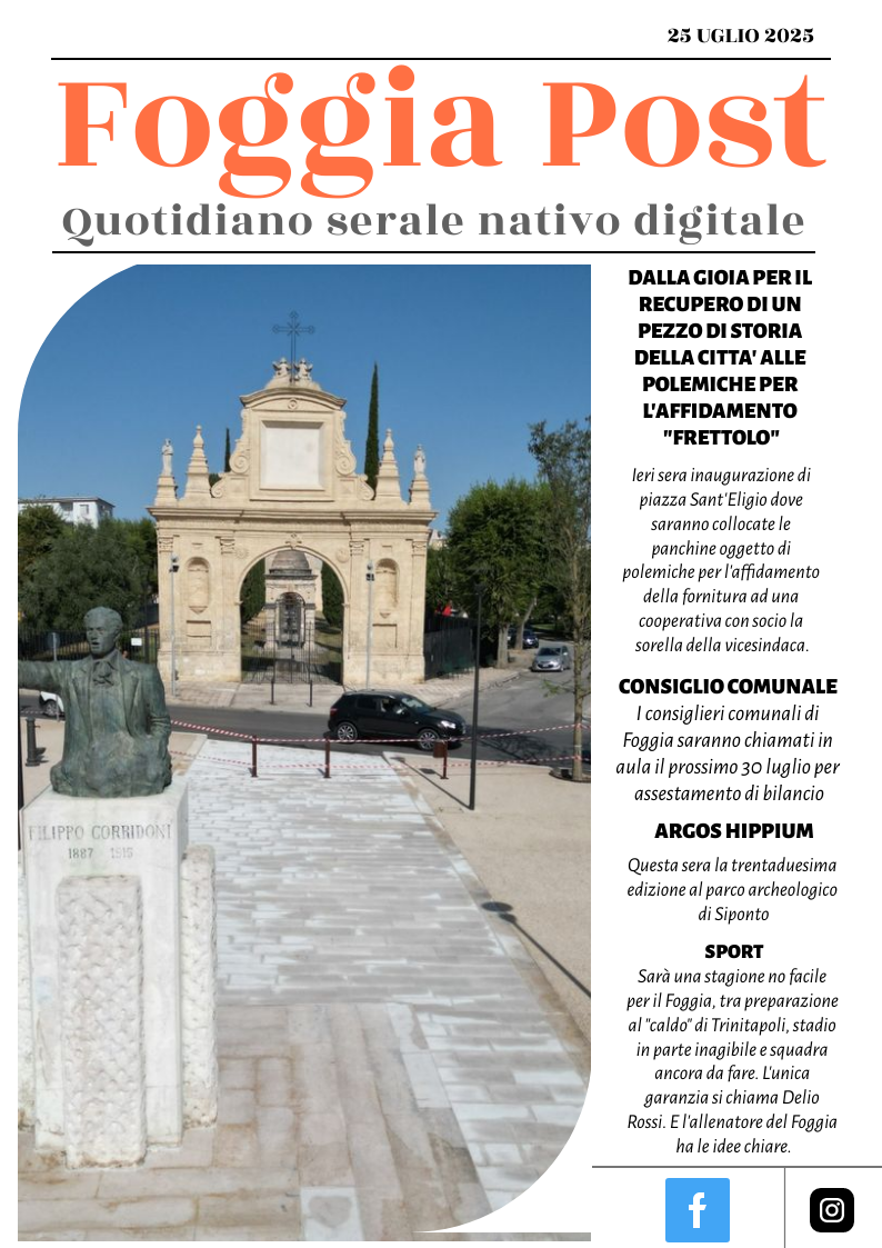 Foggia Post 25 luglio 2025. Sfoglia gratuitamente il giornale