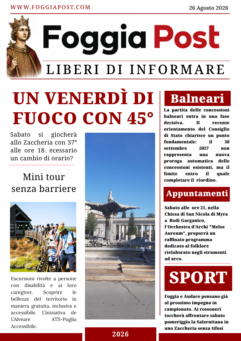 Foggia Post 26 agosto 2026.