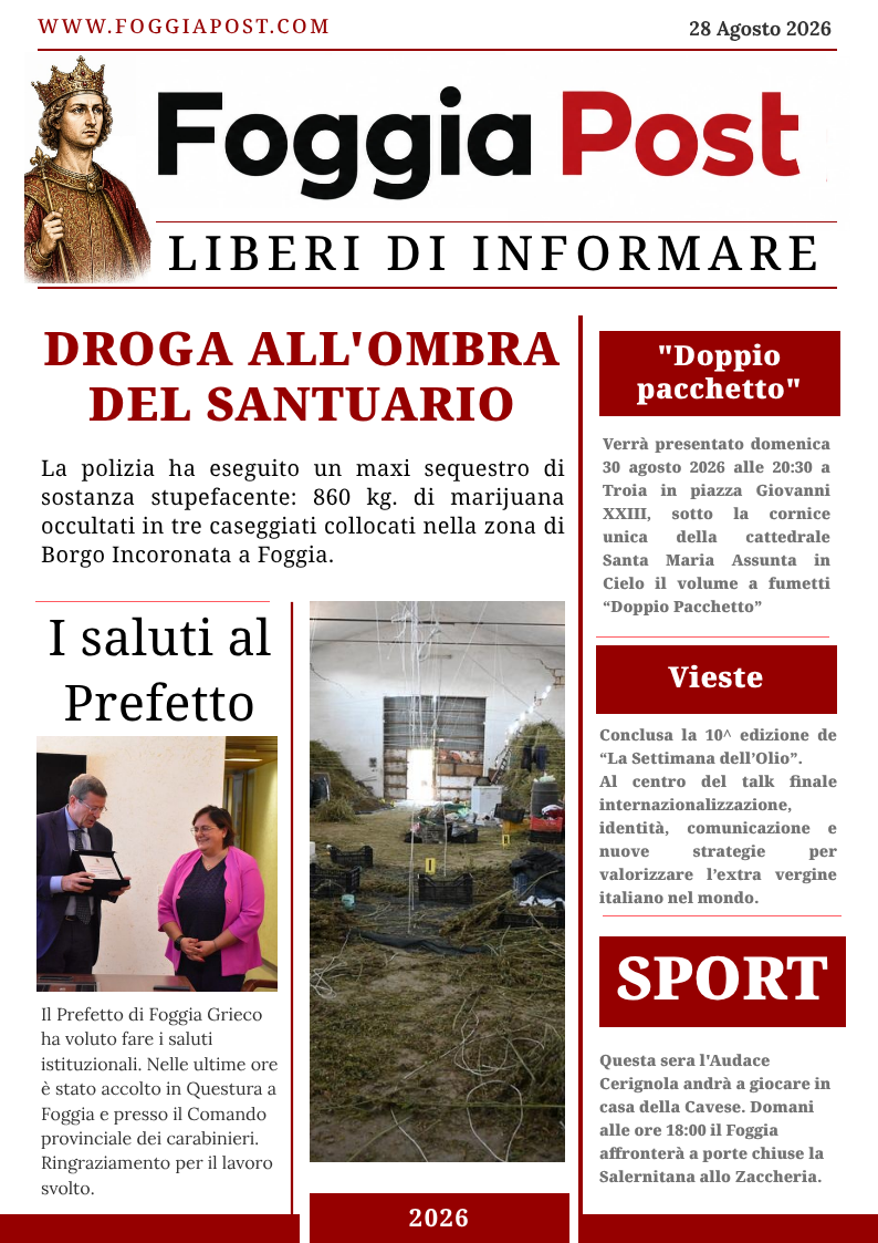 Foggia Post 28 agosto 2026. 860kg di droga all’ombra del Santuario