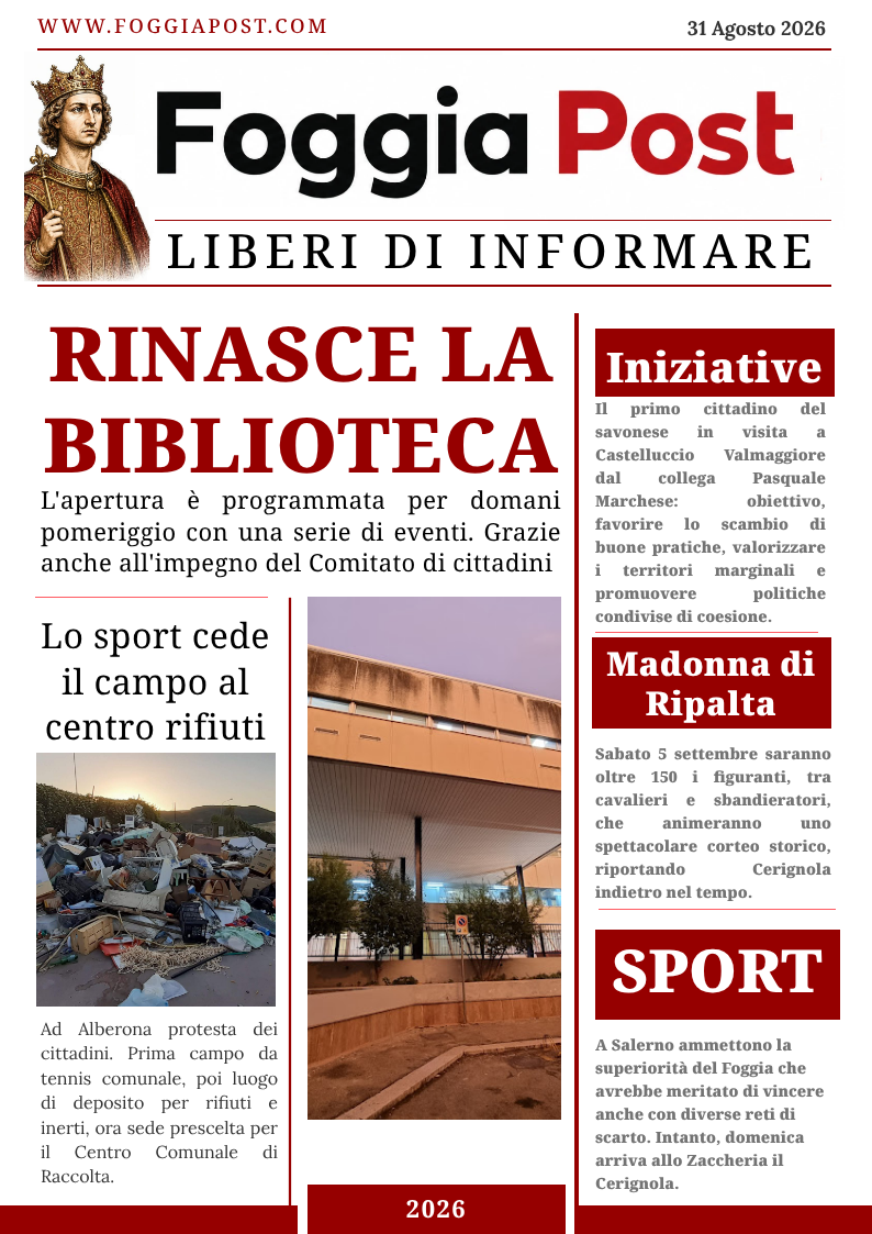 Foggia Post 31 agosto 2026.