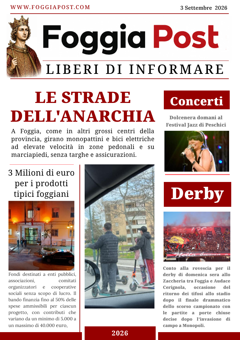 Foggia Post 3 settembre 2026. Anarchia sulle strade di Foggia. Minorenni incontrollati e pericolosi