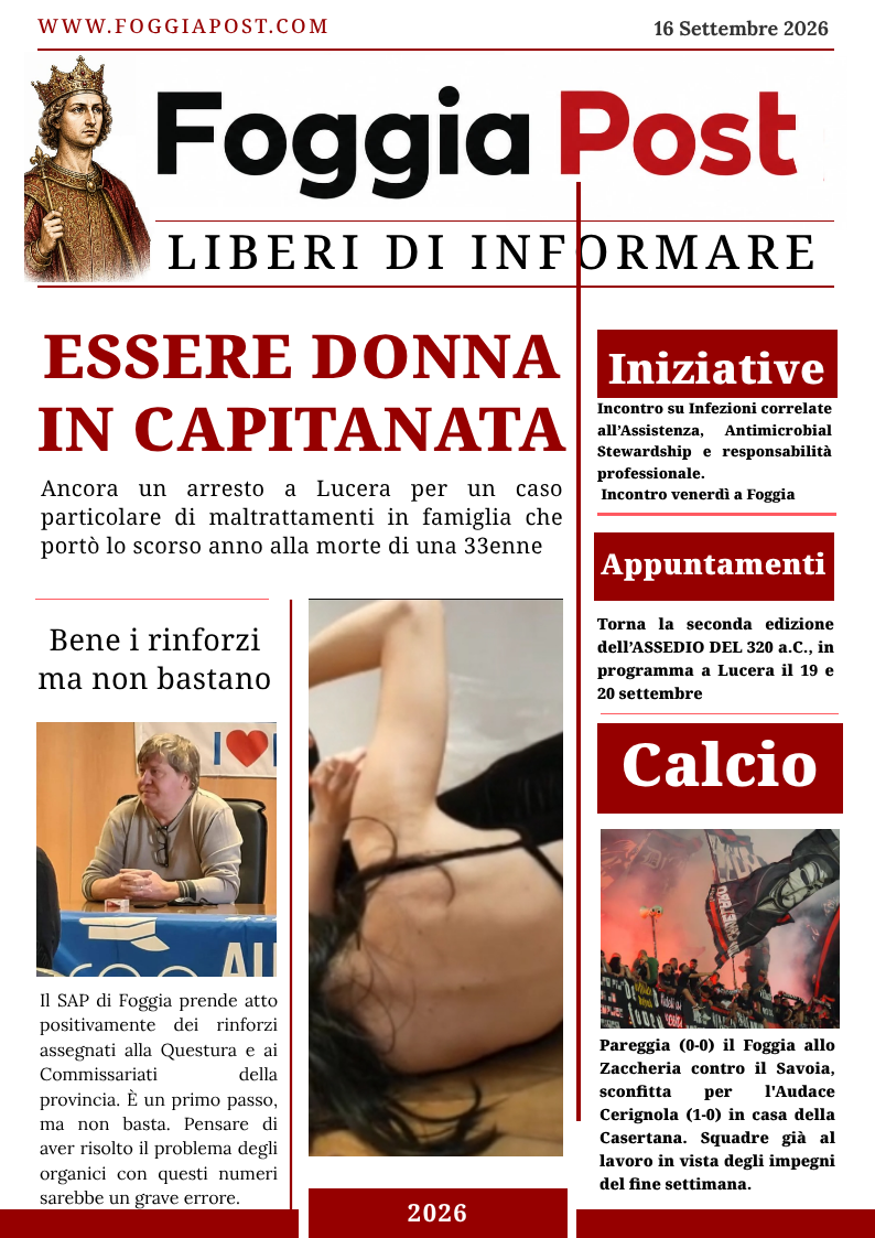 Foggia Post 16 settembre 2026. Ancora un episodio di violenza in famiglia
