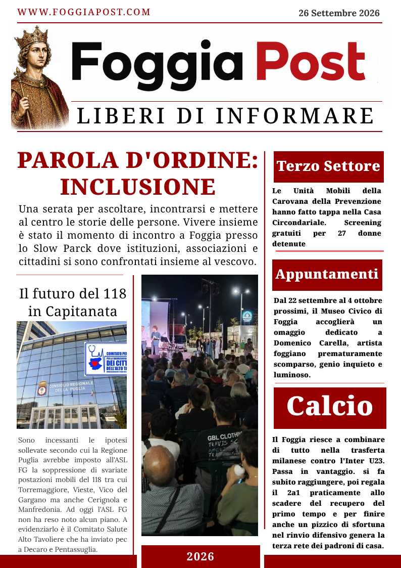 Foggia Post 21 settembre 2026. Il monito del Vescovo di Foggia