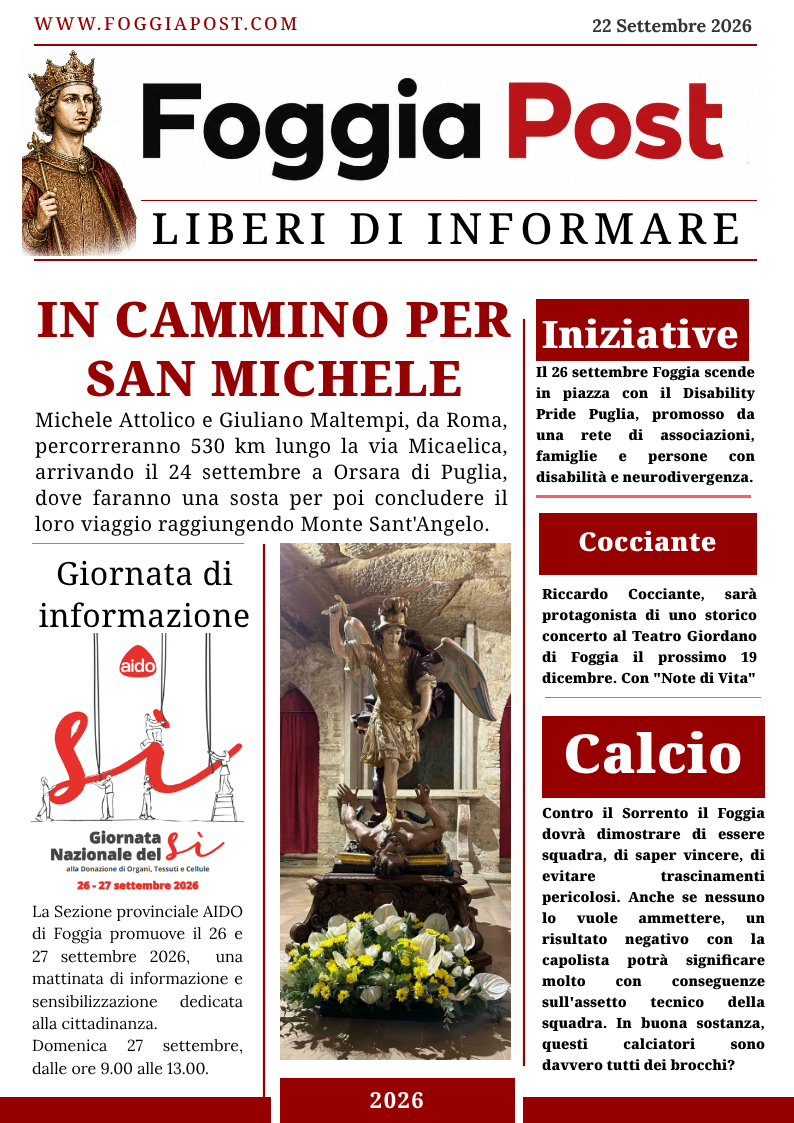 Foggia Post 22 Settembre 2026. In cammino per San Michele