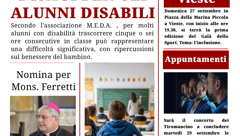 Foggia Post 24 settembre 2026. Disagio per studenti disabili impegnati anche sei ore continuative a scuola