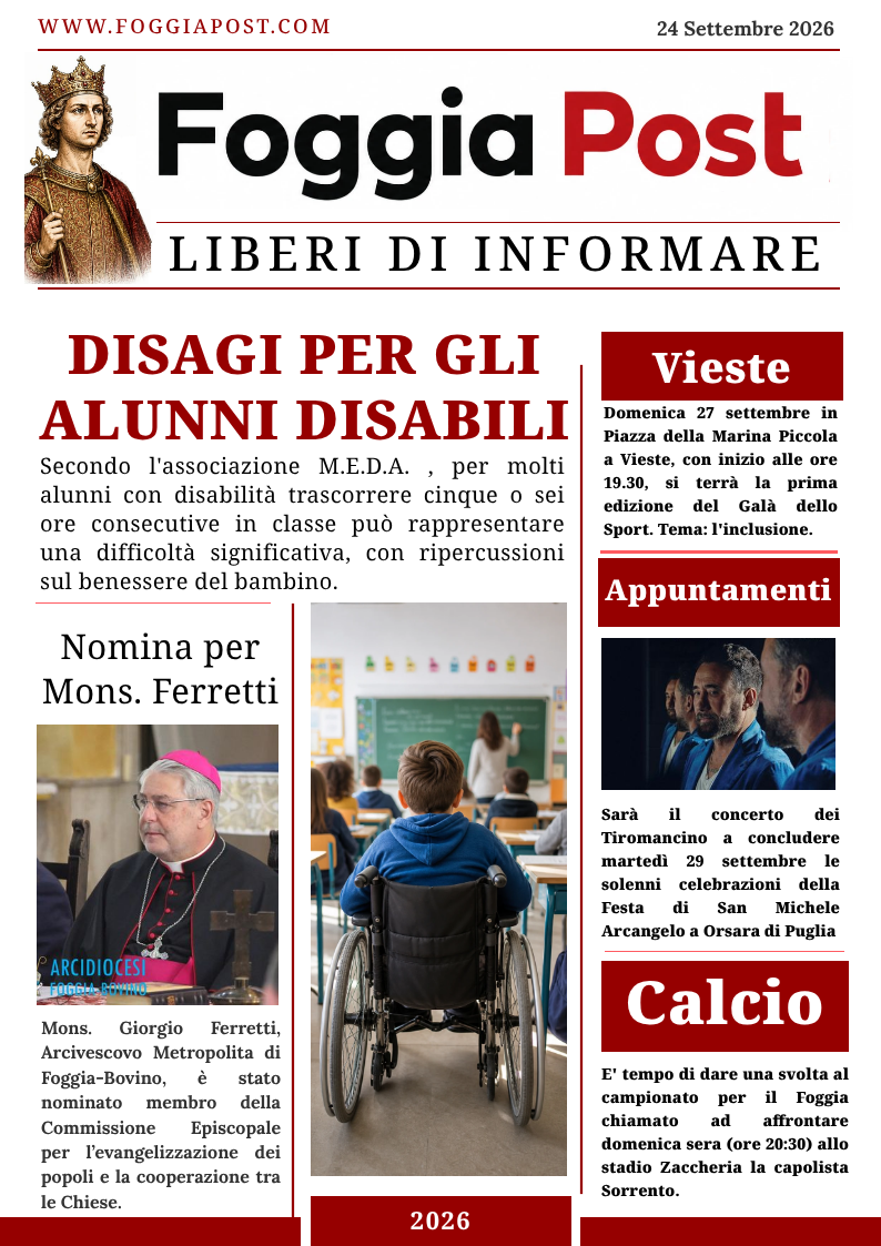 Foggia Post 24 settembre 2026. Disagio per studenti disabili impegnati anche sei ore continuative a scuola