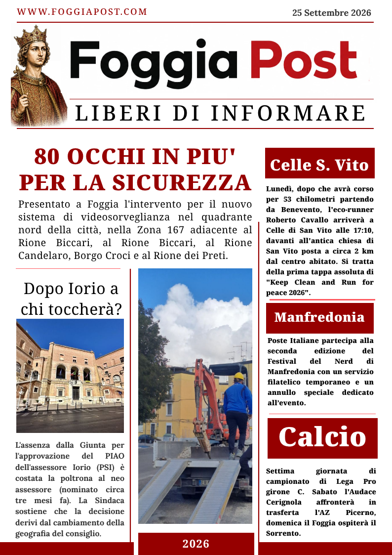 Foggia Post 25 settembre 2026. 80 occhi in più per la sicurezza a Foggia