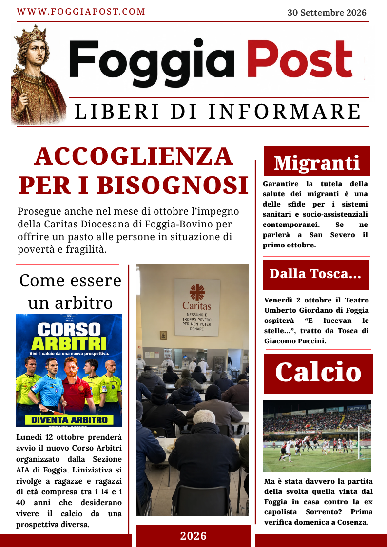 Foggia Post 30 settembre 2026. Un pasto per le persone bisognose