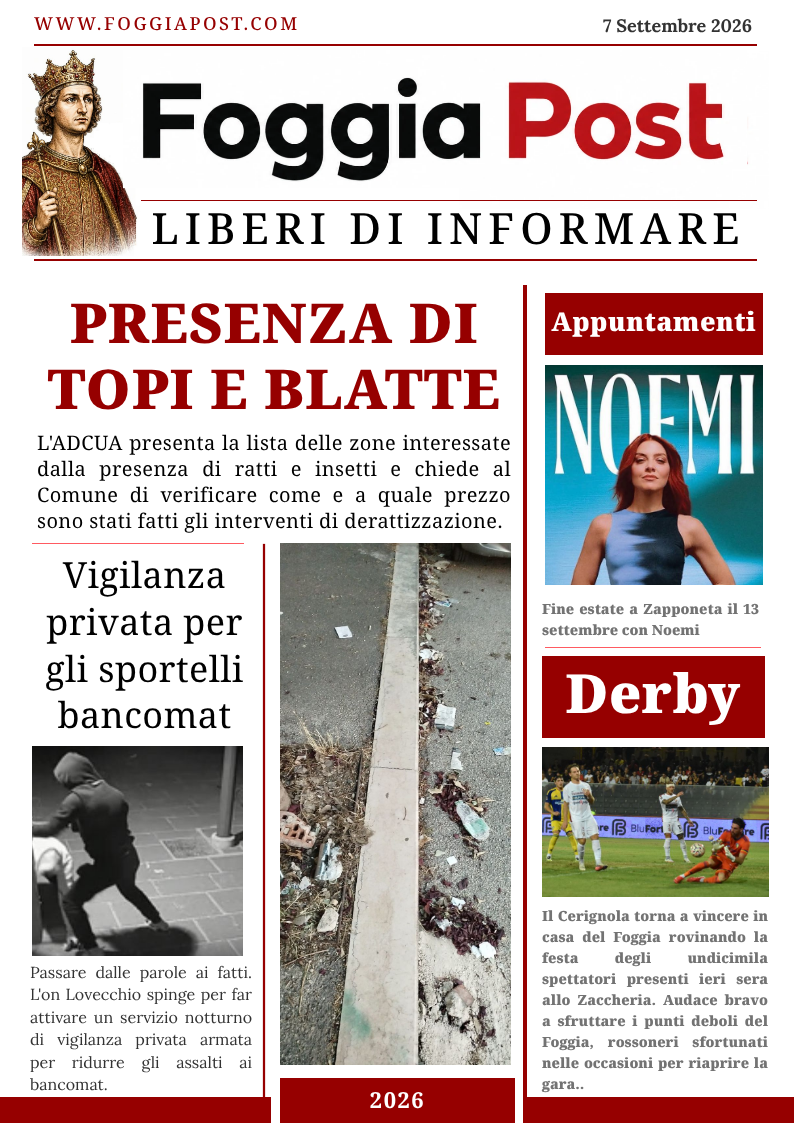 Foggia Post 7 settembre 2026. Topi e blatte in alcune zone di Foggia. Chiesto intervento