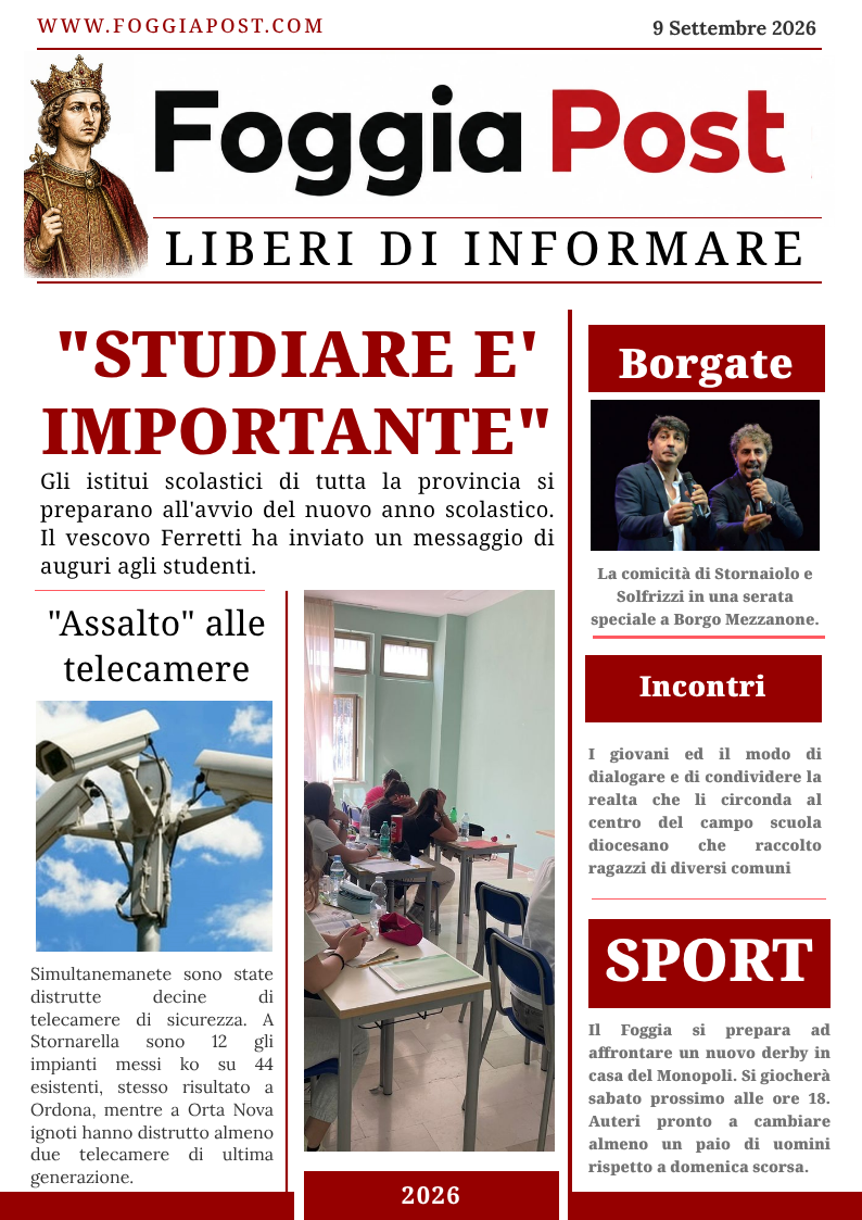 Foggia Post 9 Settembre 2026. Scuola, tra problemi di ieri e di oggi