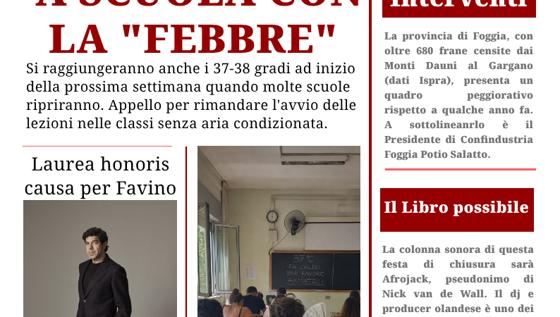 Foggia Post 2 settembre 2026. A scuola con la “Febbre”, 37/38° da lunedì prossimo
