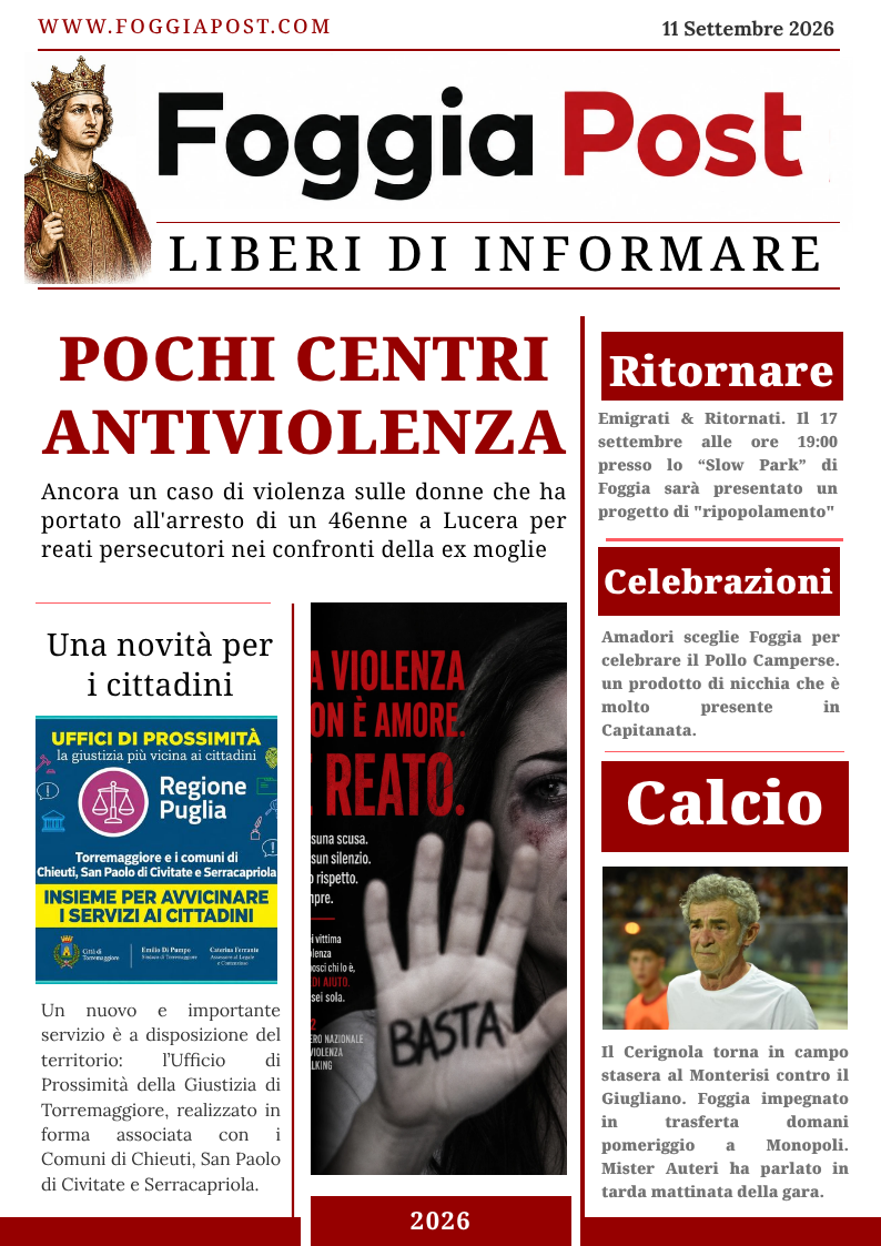 Foggia Post 11 settembre 2026. Ancora un caso di violenza sulle donne. Arrestato ex marito violento