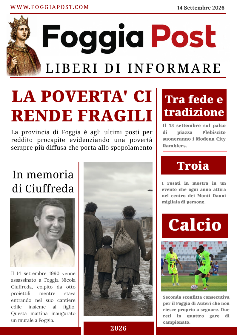 Foggia Post 14 settembre 2026. Capitanata sempre più povera, cresce invece il PIL della criminalità