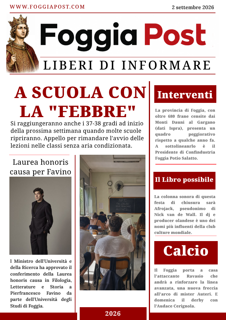 Foggia Post 2 settembre 2026. A scuola con la “Febbre”, 37/38° da lunedì prossimo