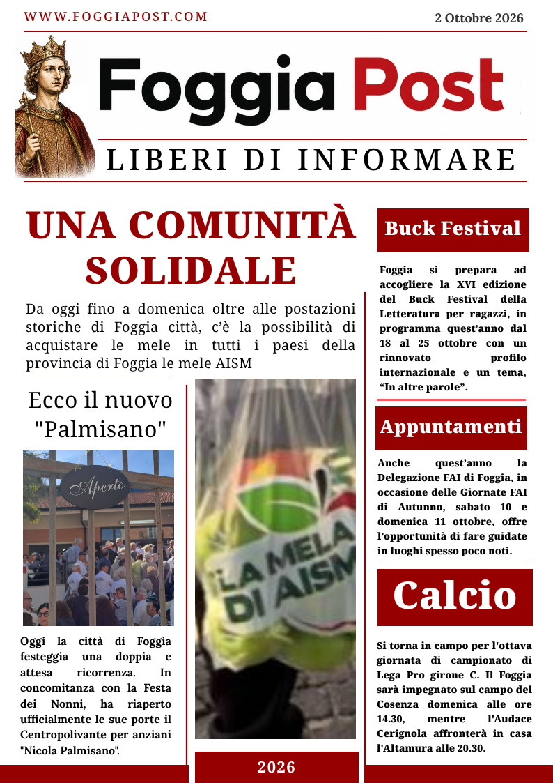 Foggia Post 2 ottobre 2026. Riapre il centro per anziani Palmisano