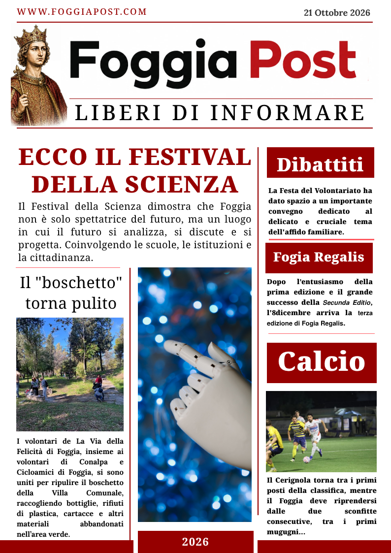 Foggia Post 21 ottobre 2026. Torna a Foggia il Festival della Scienza