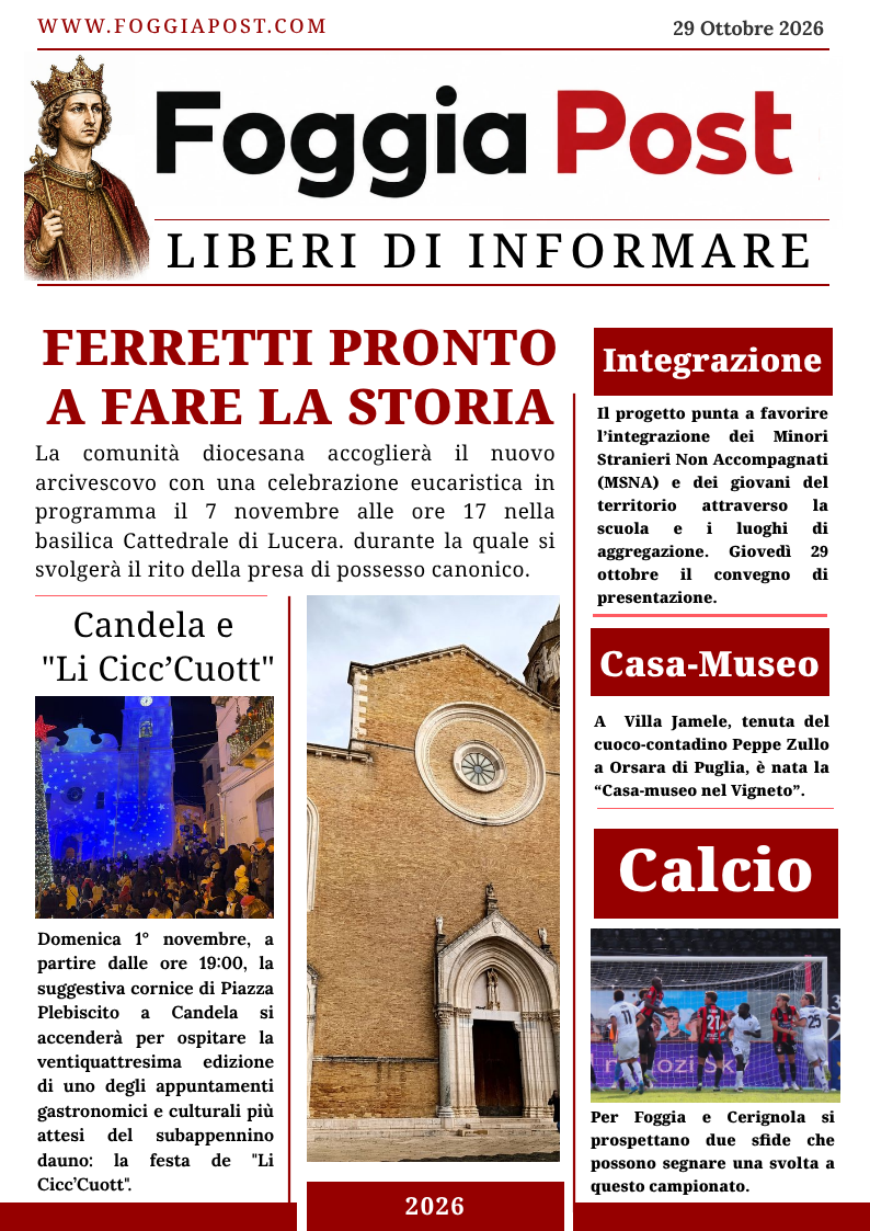 Foggia Post 29 ottobre 2026. Il vescovo Ferretti pronto a fare la storia