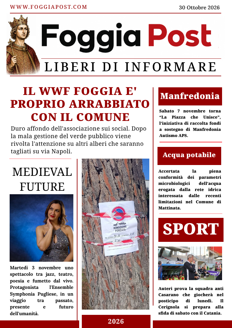 Foggia Post 30 ottobre 2026. Le bacchettate del WWF alla Sindaca di Foggia