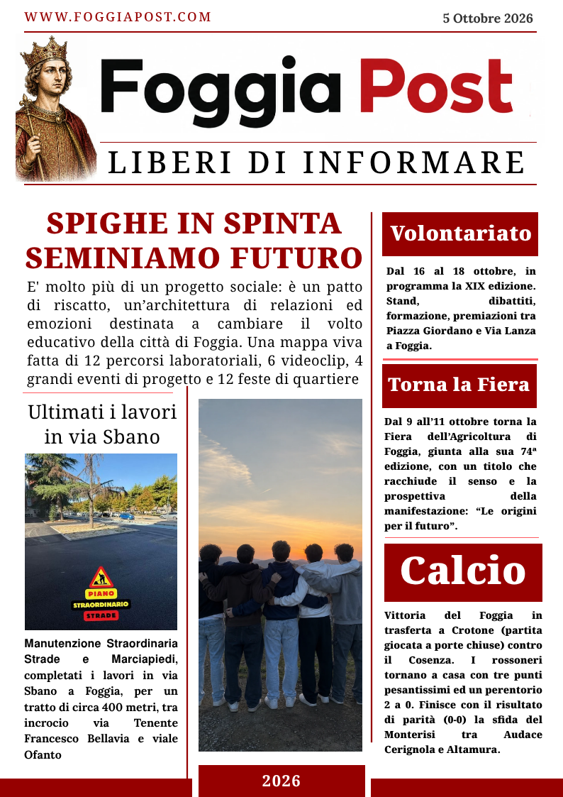 Foggia Post 5 ottobre 2026. Un progetto sociale per Foggia