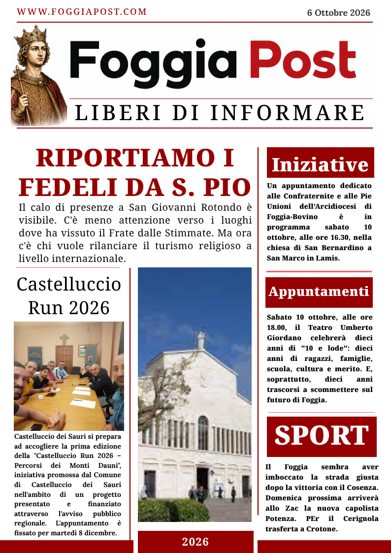 Foggia Post 6 ottobre 2026. Come far tornare i fedeli da San Pio? Ecco come far riprendere il turismo religioso