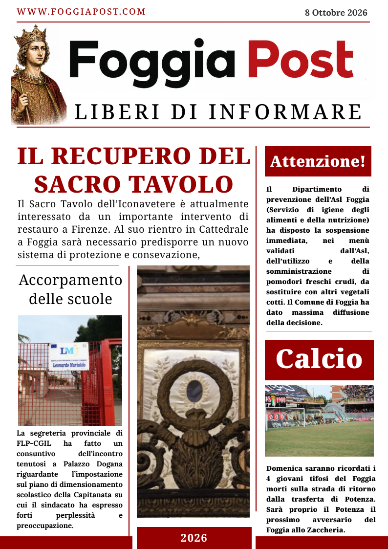 Foggia Post 8 ottobre 2026. Al suo ritorno in Cattedrale il Sacro Tavolo dovrà essere più “protetto”