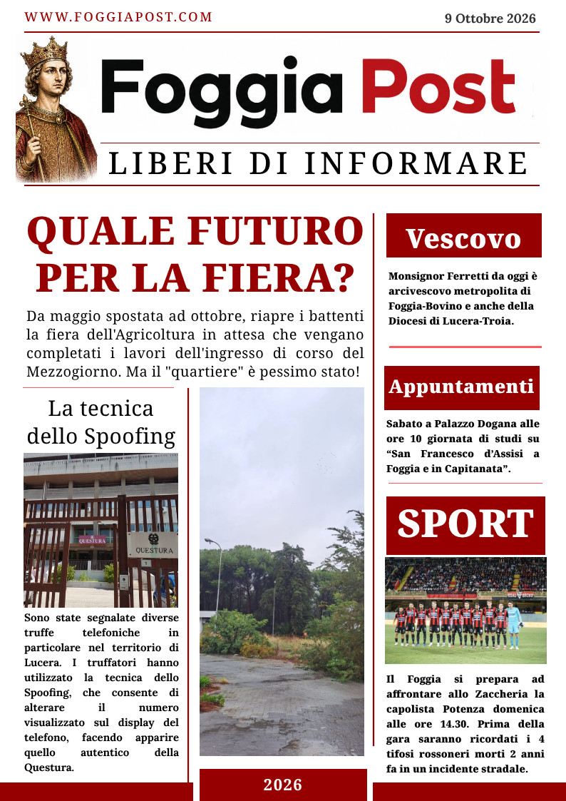 Foggia Post 9 ottobre 2026. Mons. Ferretti è anche il nuovo vescovo della Diocesi Lucera-Troia