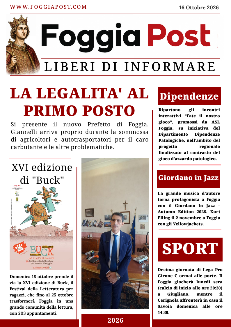 Foggia Post 16 ottobre 2026. Battesimo di “fuoco” per il nuovo Prefetto di Foggia