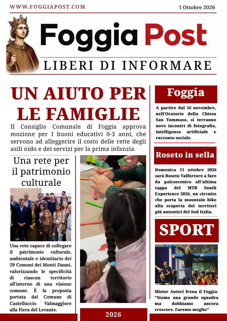 Foggia Post 1 Ottobre 2026. Un aiuto per le famiglie
